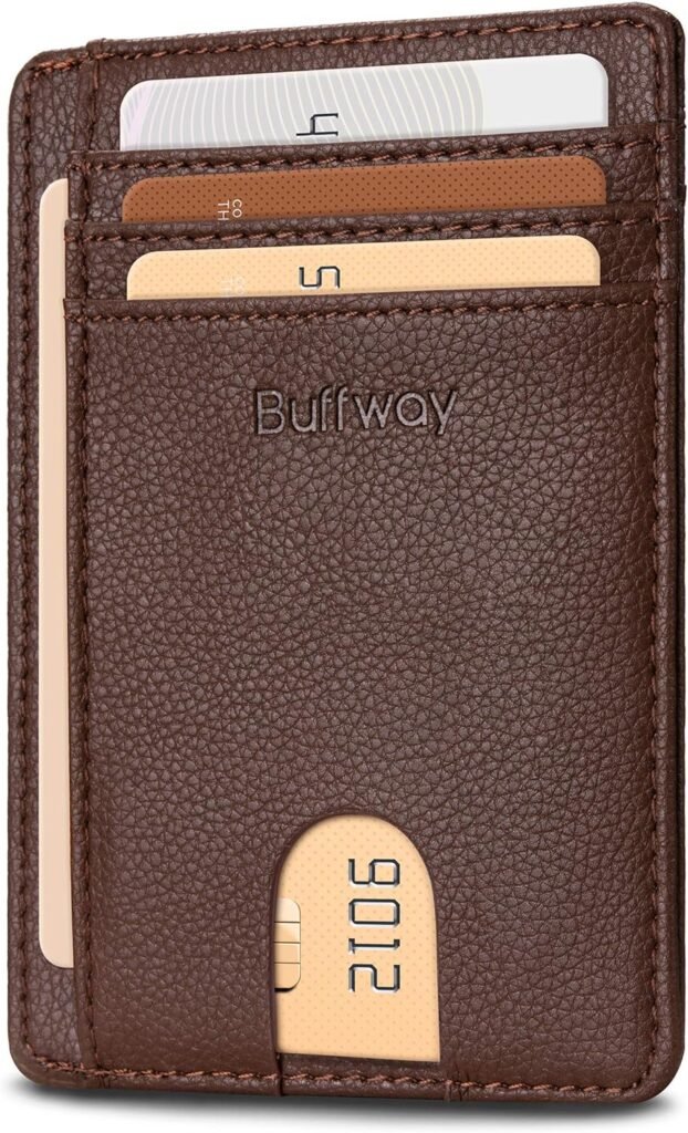 Buffway Slim Minimalist Front Pocket RFID Blocking Leather Wallets for Men and Women - Lichee Coffee
