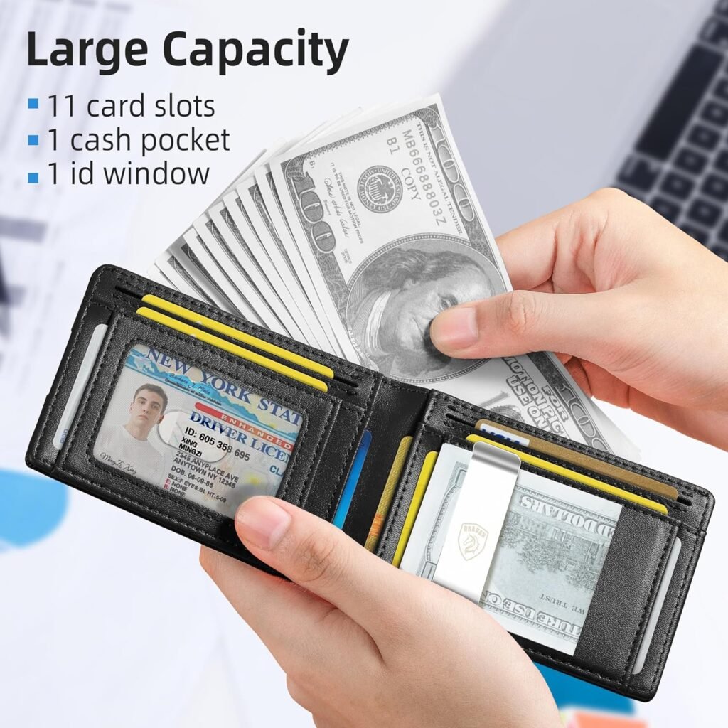 DRAVAN Slim Mens Wallet Front Pocket Wallet for Men with 11 Slots Minimalist Rfid Blocking Credit Card Holder Carbon Fiber Money Clip with Gift Box (Black)