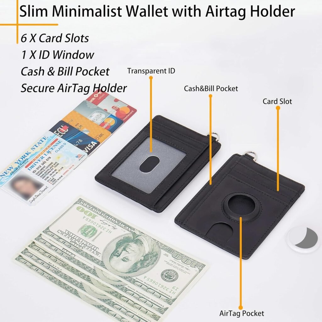 Slim Minimalist Airtag Card Wallet for Men  Women, Small Leather Front Pocket Wallets with Airtag Holder, RFID Blocking, Credit Card Holder Compatible with AirTag