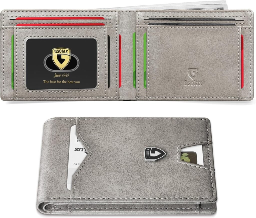 GSOIAX Mens Slim Wallet for Men Minimalist Genuine Leather Carbon Fiber Rfid Blocking Cowhide Bifold Credit Card Holder With Gift Box (Retro Grey)