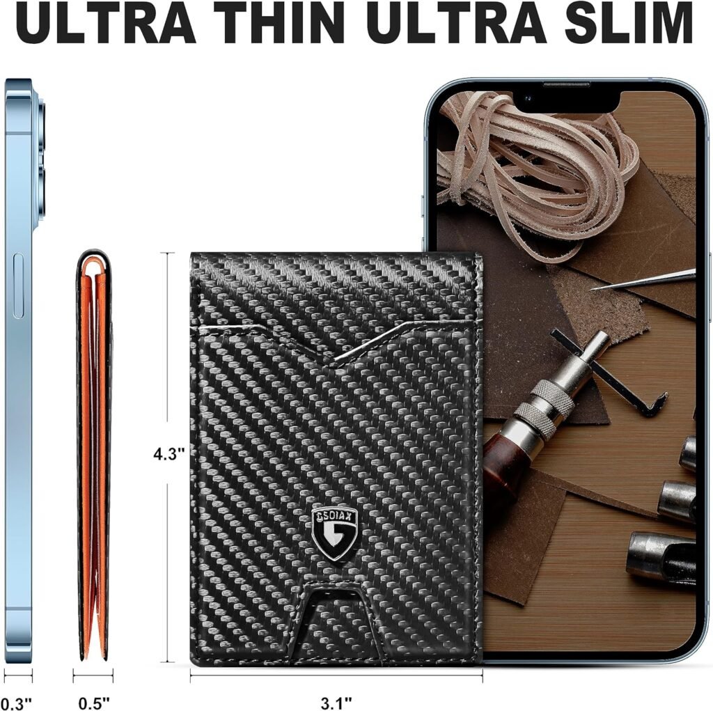 GSOIAX Mens Slim Wallet for Men Minimalist Genuine Leather Carbon Fiber Rfid Blocking Cowhide Bifold Credit Card Holder With Gift Box (Retro Grey)
