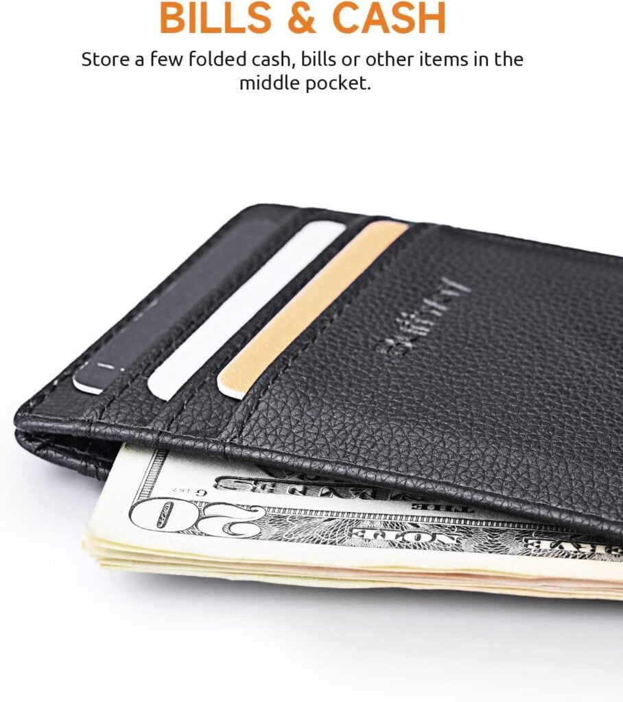 Buffway Mens Slim Wallet, Minimalist Thin Front Pocket Leather Credit Card Holder with RFID Blocking for Work Travel