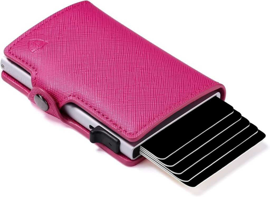 Card Blocr Credit Card Wallet for Womens, RFID Blocking Slim Minimalist Card Holder in Pink PU Saffiano