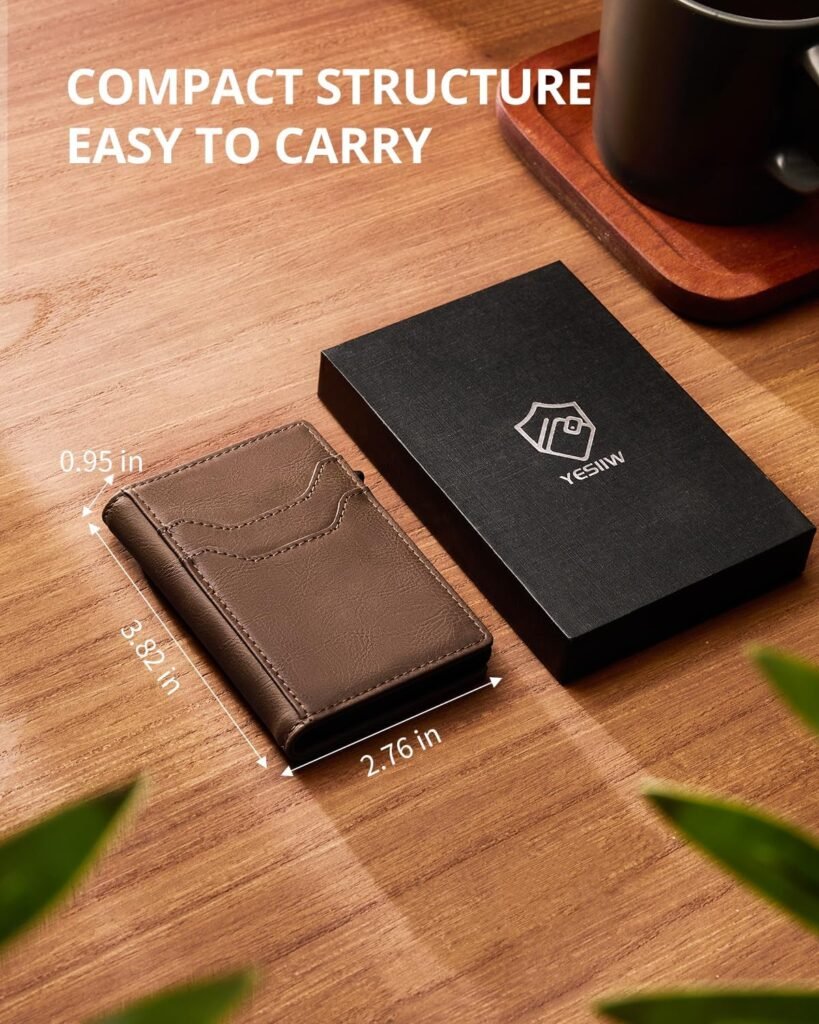 YESIIW Slim Wallet for Men - Pop up Card Holder Mens Wallet with RFID Protection Leather Wallets with ID Window and Metal Case Black