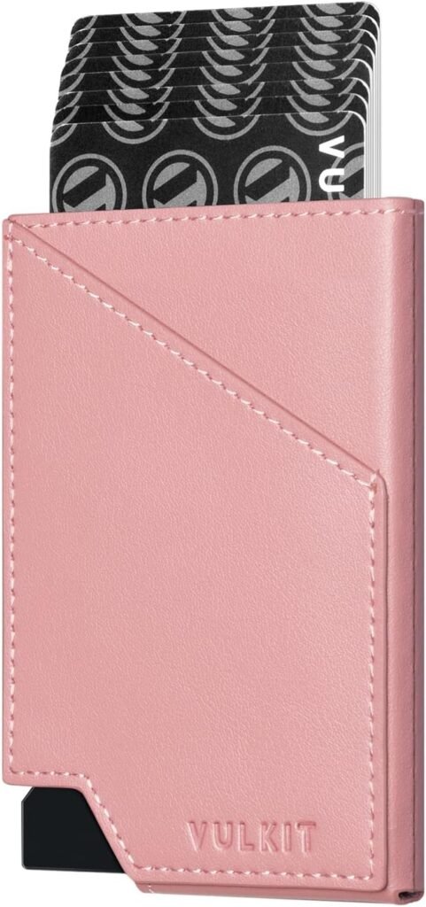 VULKIT Pop up Card Wallet RFID Blocking Slim Aluminum Metal Bank Card Holder Case with Business Money Pocket for Credit Cards Notes and Coins (Pink)