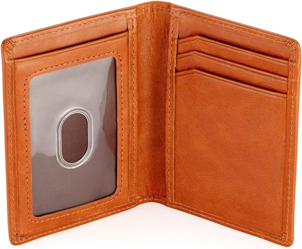 Stealth Mode Mens Slim Front Pocket Wallet - RFID Blocking, Thin Minimalist Bifold Design, Genuine Leather - ID Badge Window and 5 Sleeves for Money, Credit and Debit Cards, Drivers License - Brown