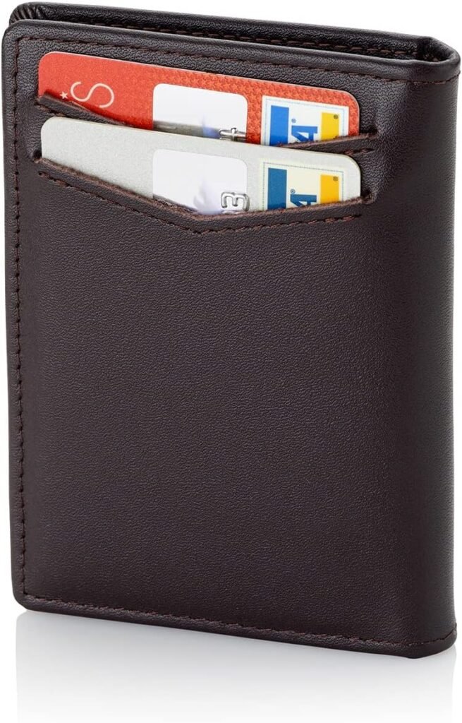 Stealth Mode Mens Slim Front Pocket Wallet - RFID Blocking, Thin Minimalist Bifold Design, Genuine Leather - ID Badge Window and 5 Sleeves for Money, Credit and Debit Cards, Drivers License - Brown