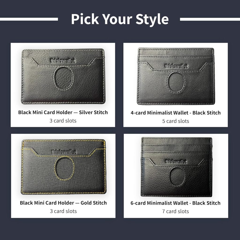 6 Card Minimalist Wallet for Men  Women - Genuine Leather Ultra Thin Black Credit Card Holder - Compatible with Amex Cards