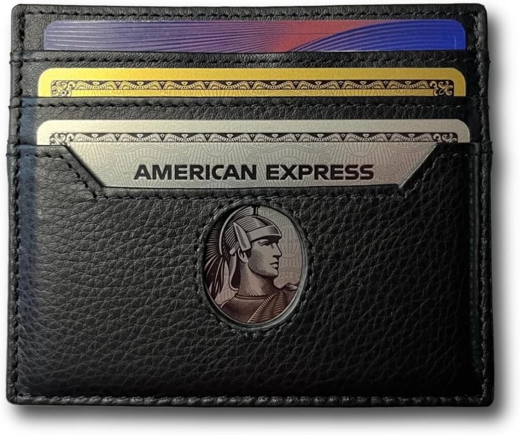 6 Card Minimalist Wallet for Men  Women - Genuine Leather Ultra Thin Black Credit Card Holder - Compatible with Amex Cards