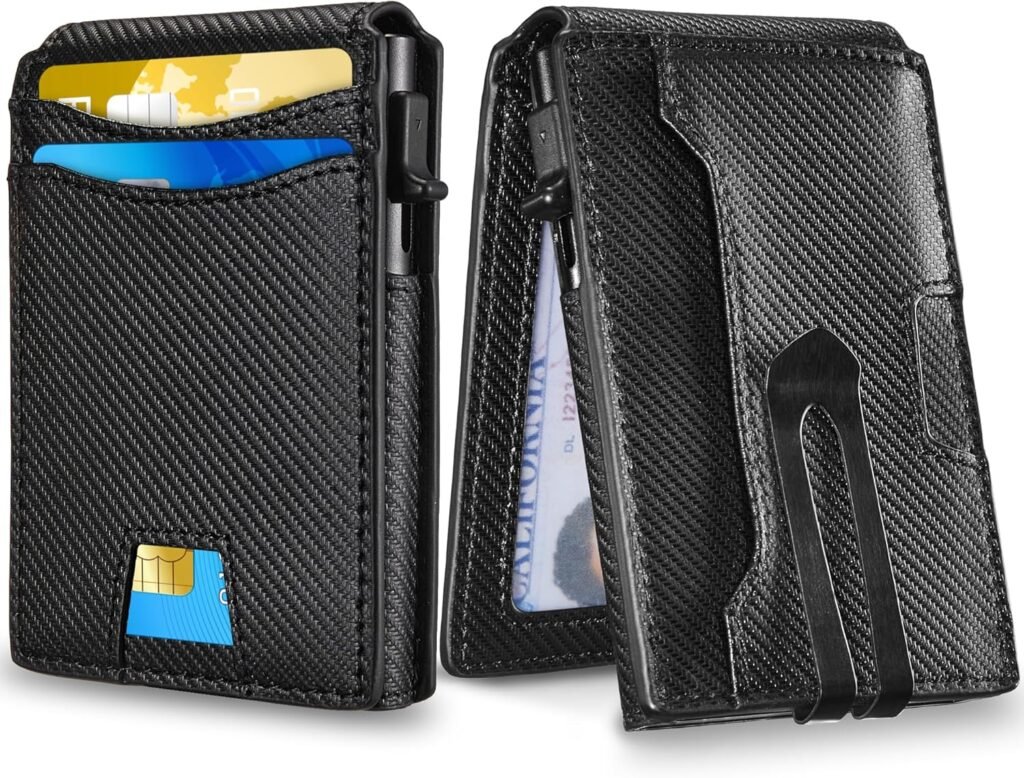 Rfid Blocking Wallet 9-15 Card Credit Card Holder,Minimalist Wallet for Men Rfid Wallet for Men,Carbon Fiber Bifold Pop up Money Clip Wallet with Gift Box- Black